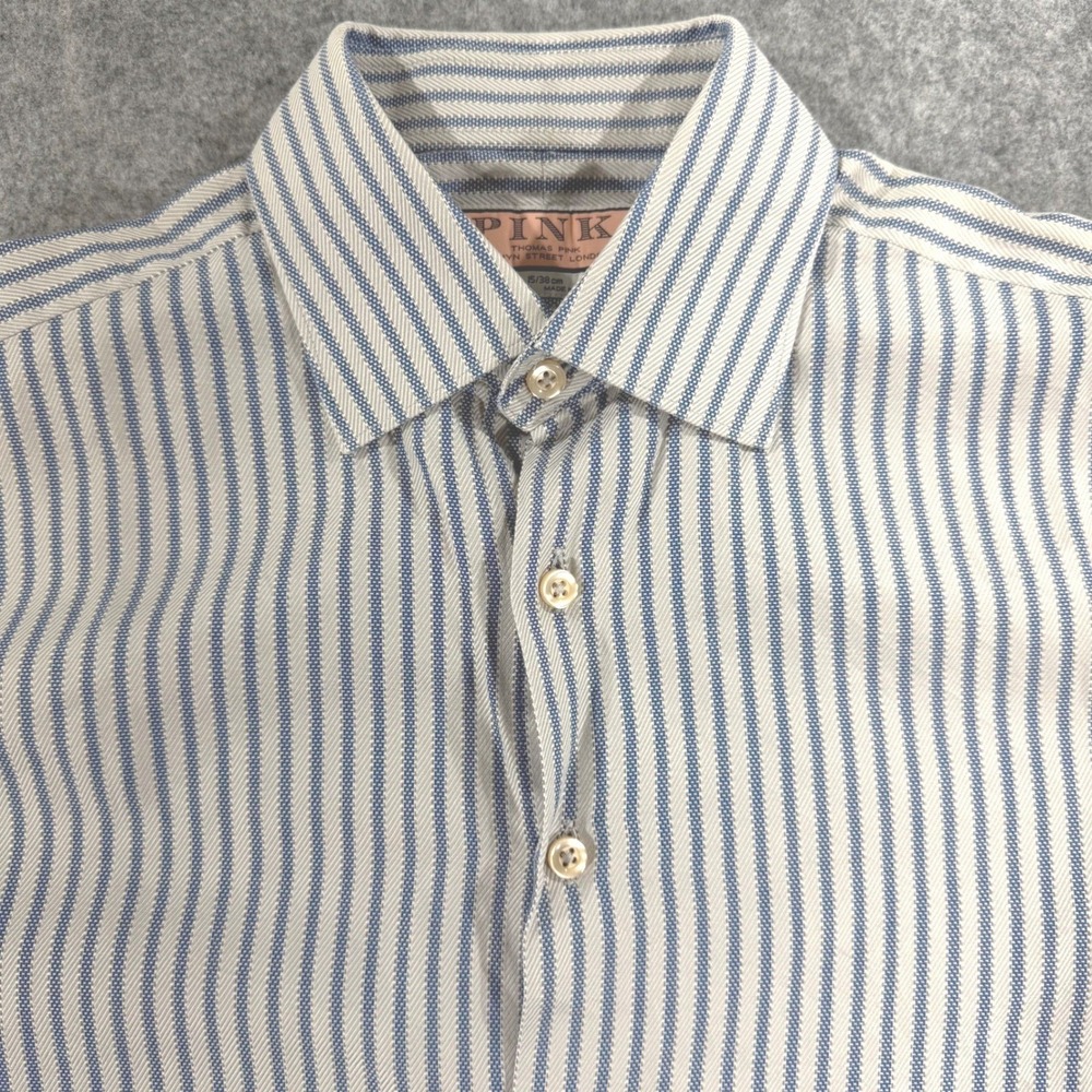 Thomas Pink Mens Slim Fit Dress Shirt Blue Grey Stripe French Cuff 15 38cm